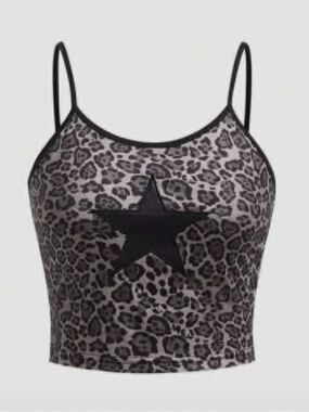 ROMWE Gray Leopard Print Cami with Black Star Patchwork sm